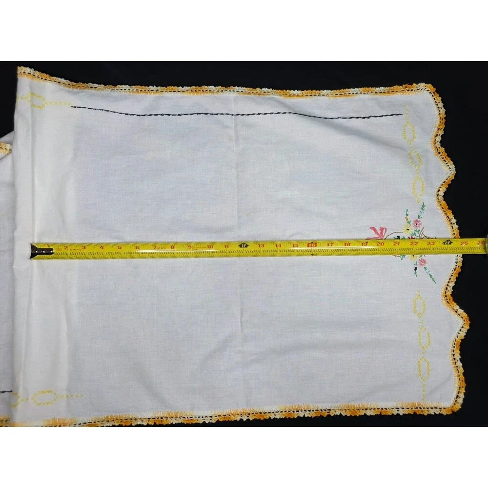 Vintage Embroidered Table Runner – Yellow Floral with Crochet Trim – 19.5